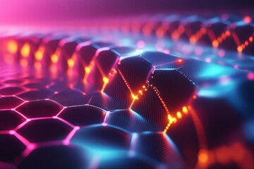 Glowing geometric shapes connected by illuminated lines and dots