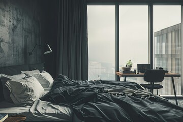 Dark Hotel Bedroom Interior Bed and Workspace, Panoramic Window Mockup Frame