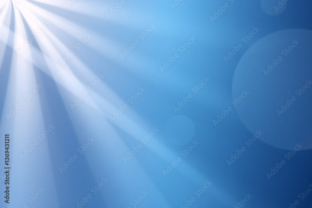 Poster blue gradient backdrop features bright light rays from the top left and soft bokeh circles, creating