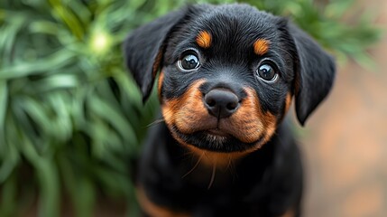 Adorable Rottweiler puppy outdoors, looking up (1)
