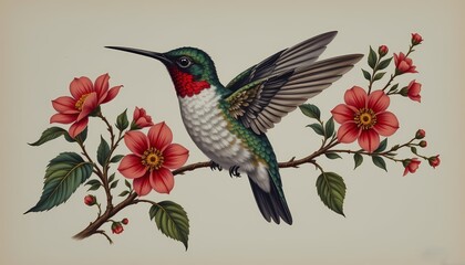 Fototapeta premium A vintage botanical-style illustration of a hummingbird with floral elements 