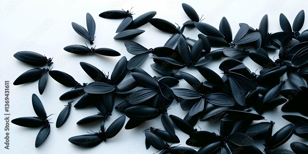 Aufkleber abstract 3d render of numerous black butterfly-like forms scattered on white background, creating a 
