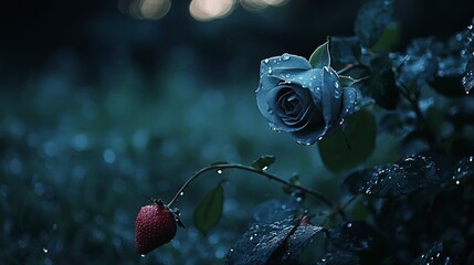 Enchanting Twilight Dew-Kissed Blue Rose and Strawberry