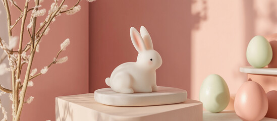 Easter celebration banner with bunny figurine and pastel eggs