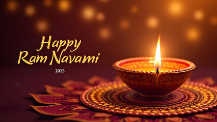 Happy Ram Navami 2025 – Traditional Diya on Vibrant Rangoli with Festive Lights, Hindu Celebration, Spiritual Blessings, Indian Festival of Joy, Symbolizing Divine Light and Cultural Heritage