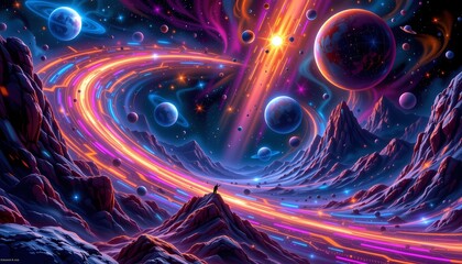 "An abstract representation of space time distortion in a vibrant cosmic setting"