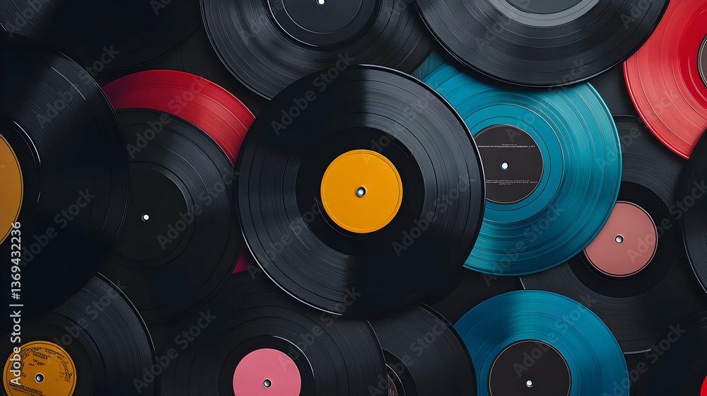 Poster vibrant vinyl records overlap in abstract 3d design, colorful circular patterns create a retro music
