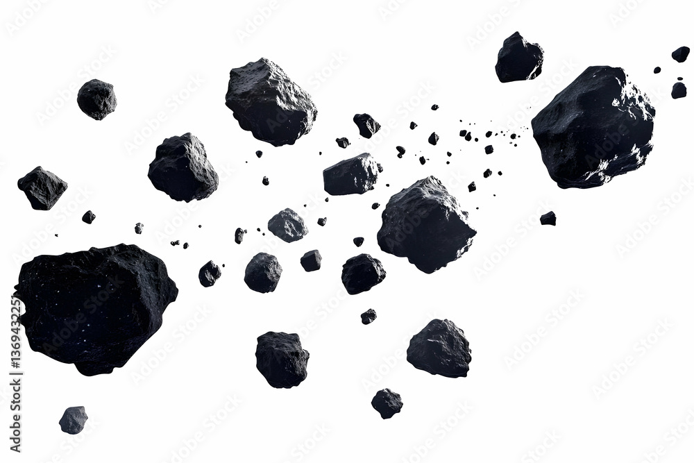 Aufkleber 3d render of dark asteroids floating in space, isolated on white background, ideal for sci-fi design