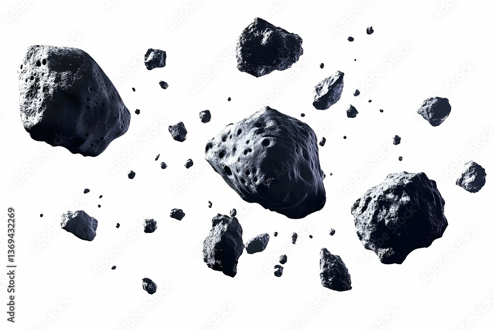 Poster 3d render of dark asteroids floating in space, isolated on white background: a realistic cosmic illu