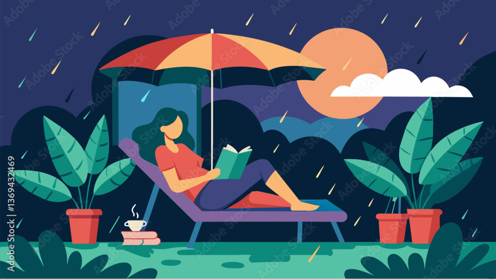 Aufkleber a makeshift reading nook set up in a covered backyard with a person lounging on a chaise chair escap