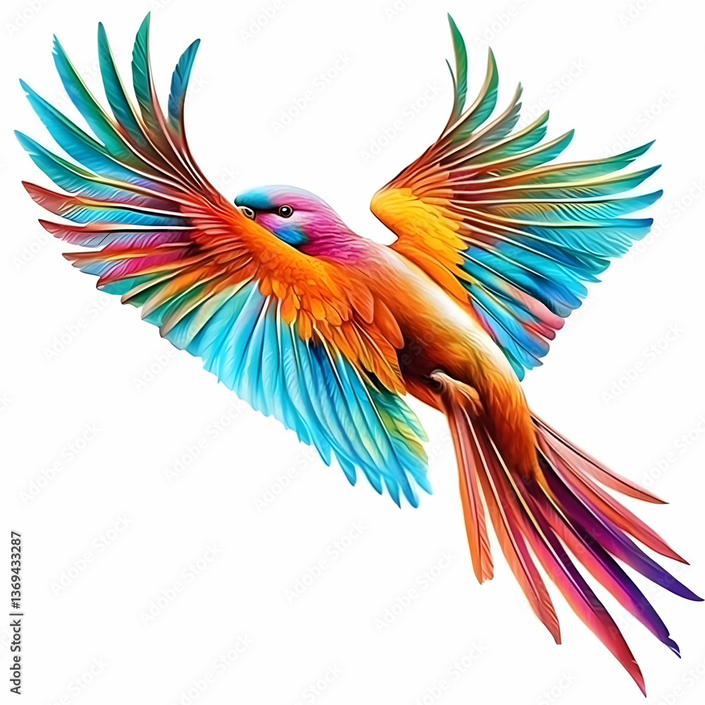 Poster vibrant rainbow bird in flight: a digital painting of a colorful avian soaring with wings spread wid