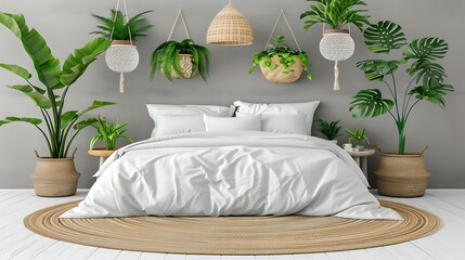 A peaceful bedroom decorated with many green indoor plants