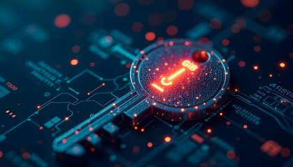 Blockchain technology concept with a glowing digital key, representing secure intellectual property transactions