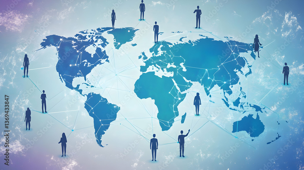 Aufkleber global network: silhouetted figures connected on a world map illustration with abstract background