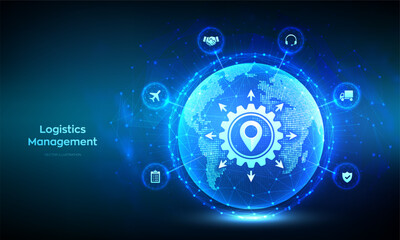 Logistics management. Smart logistics and transportation technology concept. Logistic global network distribution. Business of transport industrial. World map. Earth planet globe. Vector illustration.