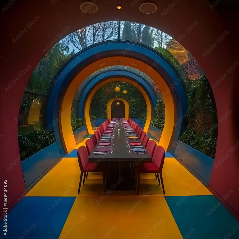 Poster abstract interior design: dining table set in colorful archway with nature views
