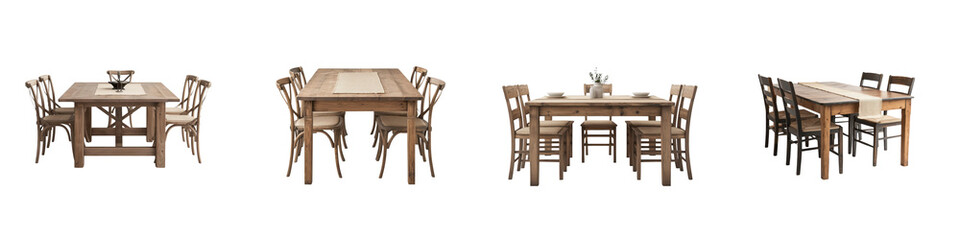 Collection of diverse dining room furniture options including wooden tables and chairs in different styles and sizes for comfortable home dining and entertaining