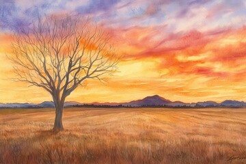 Fototapeta premium Fiery Sunset over Golden Field with Lone Tree Silhouette.