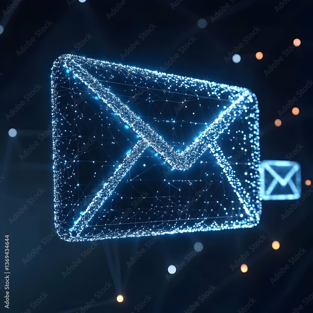 Poster abstract 3d digital email icon glows brightly in network, represents instant messaging and communica