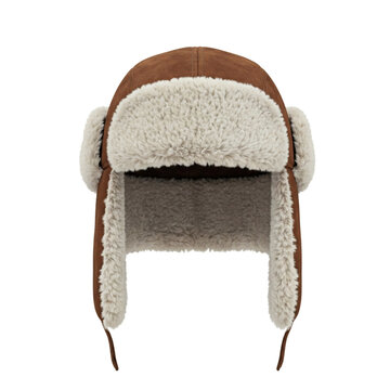 Brown fur-lined trapper hat, isolated on transparent background.