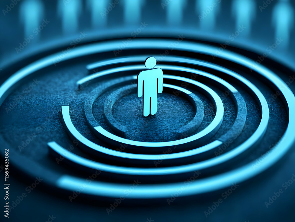 Poster abstract 3d render: a single figure stands at the center of a concentric circular maze, illuminated 