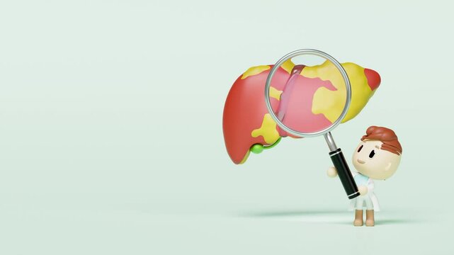 3d fatty liver disease with doctor holding a magnifying glass isolated on green background. health check, medicare concept, 3d illustration render, alpha channel