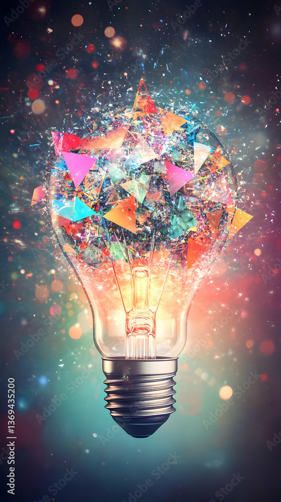 Aufkleber abstract 3d illustration: colorful geometric shapes explode from a glowing lightbulb, creating a vib