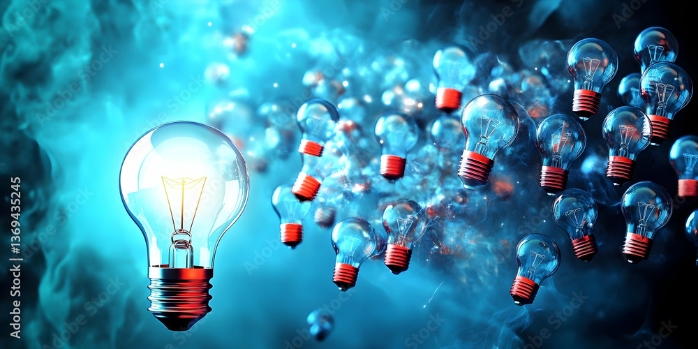 Poster 3d render of illuminated light bulbs floating in a blue abstract background, symbolizing ideas and i