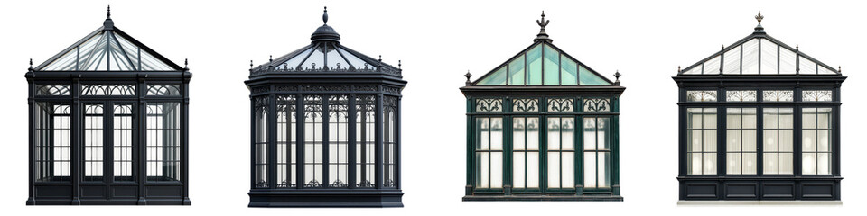Collection of elegant historical glass greenhouse or conservatory structures featuring ornate Victorian inspired architectural designs and luxury aesthetics