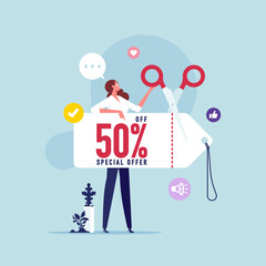 Woman communicate with audience. Social media promotion, offering sale and discount, sale and discount