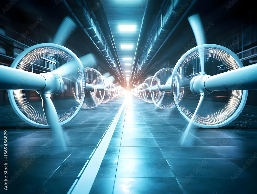 Poster futuristic 3d render: rotating propellers in a bright corridor, illuminated with light trails, abstr