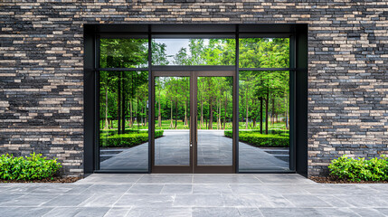 Reflected Greenery Through Glass Doors of Modern Building Exterior with Stone Facade and Gray Pathway