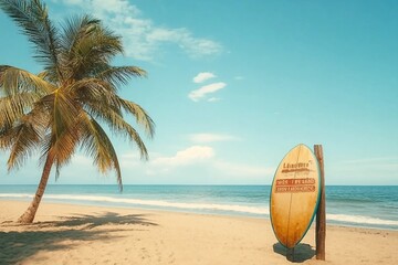 Surfboard and palm tree on beach with beach sign for surfing area. Travel adventure and water sport. relaxation and summer vacation concept. vintage color tone image.