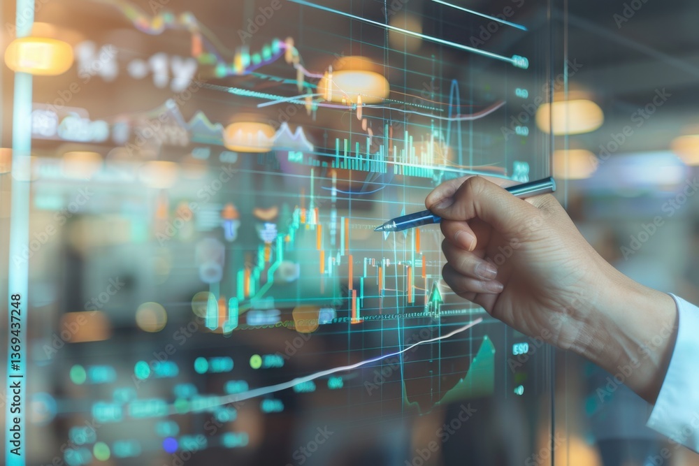 Poster businessman analyzing financial data on transparent screen with digital charts and graphics at moder