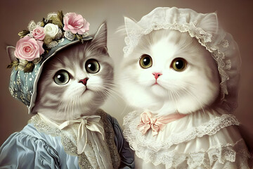 Elegant Cats in Vintage Attire: A Digital Painting of Two Feline Companions Dressed in Antique Clothing with Floral Accents, Posing Gracefully for a Portrait