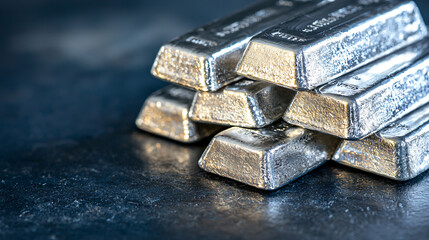 Stacked Silver Bars Reflecting Light and Shadow on a Textured Surface Investment Grade Metals Deposit