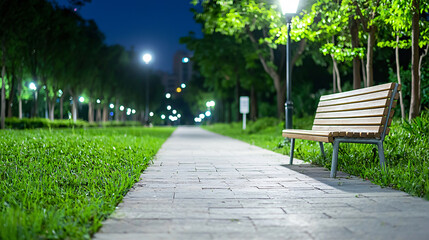 Obraz premium Tranquil Night Park Scene with Bench under Streetlights Pathway Reflecting on Quietude and Serenity