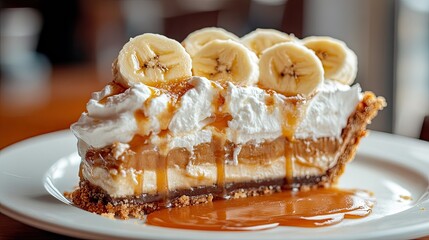 Delicious slice of banana cream pie with caramel drizzle on white plate