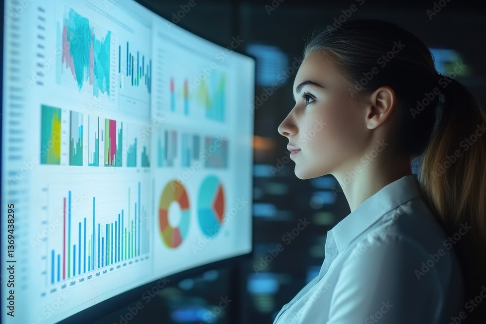 Poster focused business professional analyzing data visualizations on large screen in modern office environ