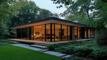 Fototapeta premium Elegant Modern House Surrounded by Lush Green Forest at Dusk