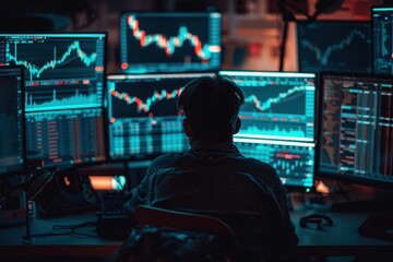 Focused Individual Analyzing Charts and Data on Multiple Computer Screens in a Modern Workspace with Stock Market Visualizations at Night