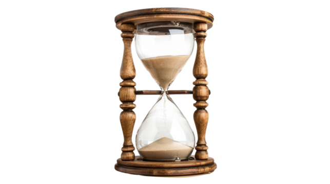 Time's Flow: Captivating close-up of an elegant antique hourglass, with the sand flowing gently, highlighting the concept of time, deadlines, and timelessness. 