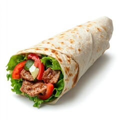 Deliciously wrapped don flavorful sliced meat with fresh vegetables on isolated white background