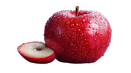 Freshly Picked Red Apple: A succulent, freshly picked red apple, glistening with water droplets, rests beside a cut-open piece, revealing its crisp, juicy flesh.