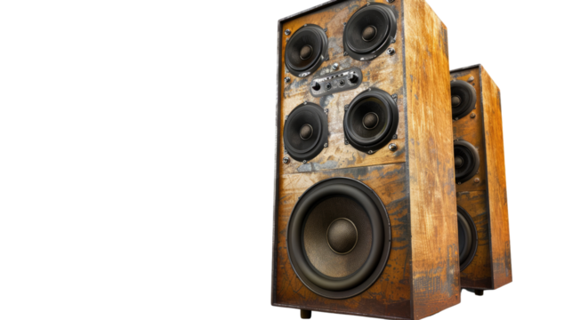 Acoustic Symphony: Two vintage loudspeakers, showcasing intricate craftsmanship and nostalgic charm, stand side-by-side, poised to deliver a symphony of sound.