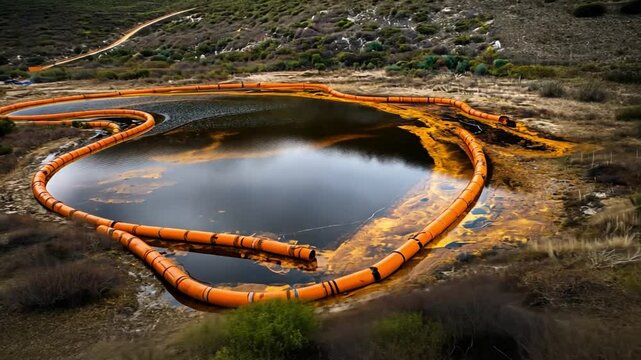 Environmental protection in action: An overhead shot captures an environmental scene where measures are being taken to contain and mitigate potential damage.