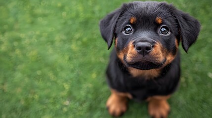 Adorable Rottweiler puppy sitting on green grass