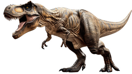 Fototapeta premium T-Rex in Action: A formidable Tyrannosaurus Rex, captured in dynamic detail, roaring with prehistoric might, evoking the raw power and dominance of the ancient era.