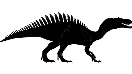 Fototapeta premium Shadow of the Past: A striking, high-contrast silhouette of a majestic Spinosaurus in mid-stride. Perfect for conveying the scale and grandeur of prehistoric life.