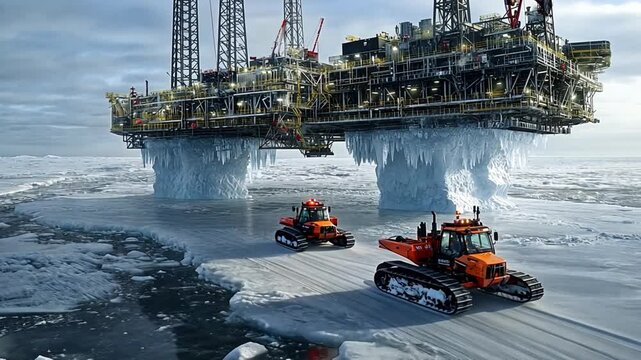 Ice Drilling Rig: A robust oil drilling rig perched atop icy waters with industrial tractors, showcasing the resilience of engineering in a challenging environment.